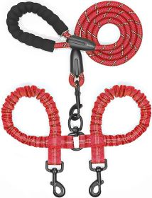 Dual Dog Leash; Double Dog Leash; 360 Swivel No Tangle Walking Leash; Shock Absorbing Bungee for Two Dogs (Color: Red)