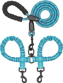 Dual Dog Leash; Double Dog Leash; 360 Swivel No Tangle Walking Leash; Shock Absorbing Bungee for Two Dogs (Color: Blue)